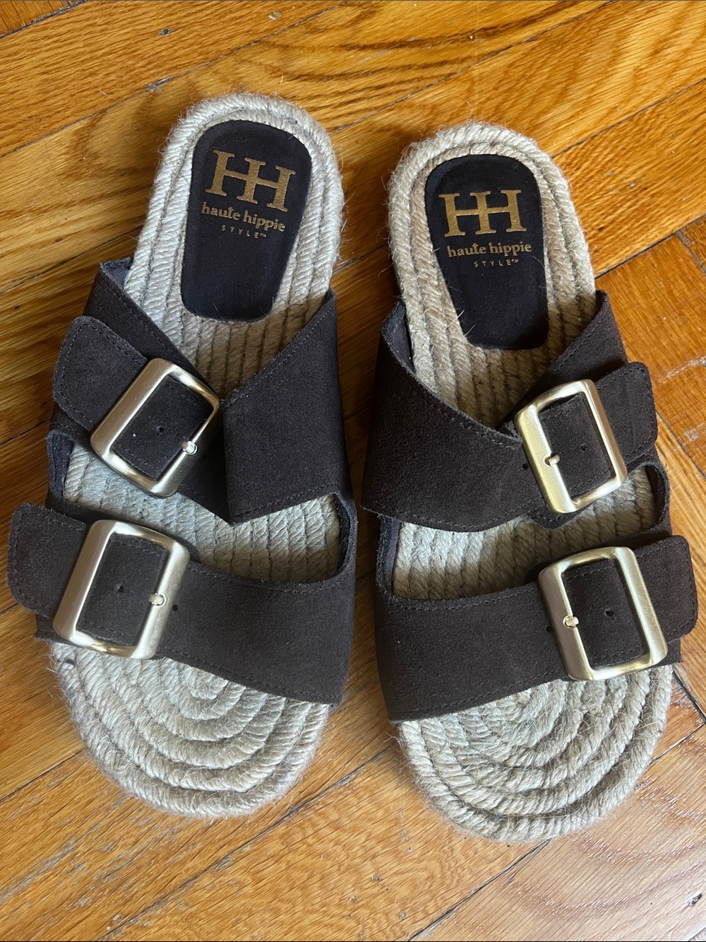 Haute Hippie Brown Double-Buckle Rope-Trim Slide Sandals